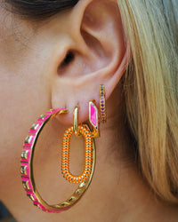 Pave Cuban Link Hoops- Hot Pink- Gold view 2