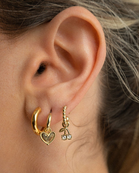 Cherry + Heart Studded Huggies- Gold | Luv Aj