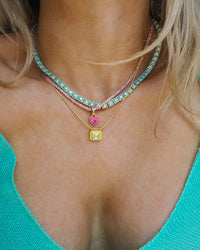 Pyramid Stud Tennis Necklace- Baby Blue- Gold View 2