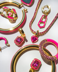 Pave Cuban Link Hoops- Hot Pink- Gold View 5