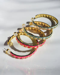 XL Pyramid Stud Hoops- Hot Pink- Gold View 2