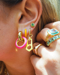 Pave Interlock Hoops- Hot Pink- Gold View 6