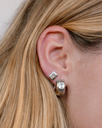 The Luv Aj Emerald Bezel Stone Huggies in Silver on Model View 3