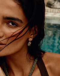 The Luv Aj Rose Quartz Palma Studs in Gold on Model  View 2