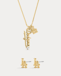 Bijoux MLB Logo Studs & Layered Nameplate Necklace Bundle - Gold