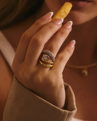 The Luv Aj Marais Wave Ring Set in Gold on Model's Hand View 3