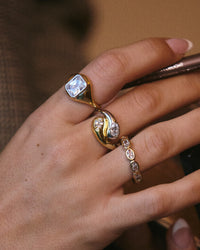 The Luv Aj Palais Eternity Ring in Silver on Model's Ring Finger View 2