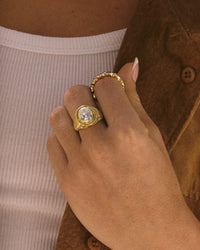 The Luv Aj Reve Ridged Signet Ring in Gold on Model's Hand View 2