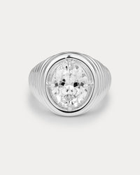 The Luv Aj Reve Ridged Signet Ring in Silver on White Background View 1