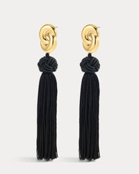 The Luv Aj Solstice Knot Tassel Earrings in Gold on white background View 1