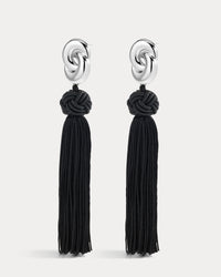 The Luv Aj Solstice Knot Tassel Earrings in Silver on white background View 1