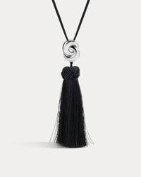 The Luv Aj Solstice Knot Tassel Necklace in Silver on white background View 1