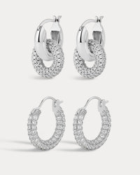 Pave Interlock Hoops and Pave Amalfi Huggies - Silver