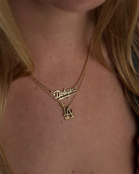 Luv Aj MLB Logo Charm Necklace layered on model View 4
