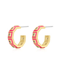 Mini Pyramid Stud Hoops- Hot Pink- Gold View 1