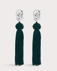 Luv Aj The Solstice Knot Tassel Earrings in Emerald, Silver on grey background View 2