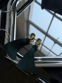 Luv Aj The Solstice Knot Tassel Earrings in Emerald, flat lay View 4