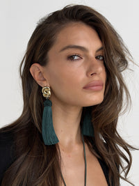 Luv Aj The Solstice Knot Tassel Earrings in Emerald, on model View 3