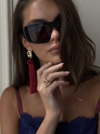 Luv Aj The Solstice Knot Tassel Earrings in Ruby, on model View 4