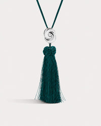 Luv Aj The Solstice Knot Tassel Necklace in Emerald, Silver on grey background View 2