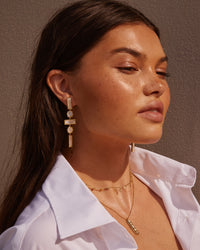 Mother of Pearl Mosaic Drop Earrings- Gold View 4