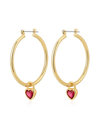 Bezel Heart Charm Hoops- Silver