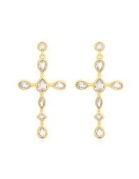 Bezel Stone Cross Studs- Gold