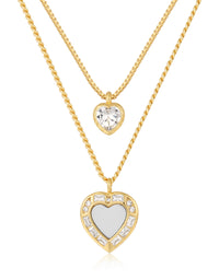 Double Heart Charm Necklace- Clear/Gold View 1