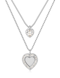 Double Heart Charm Necklace- Clear/Silver View 1