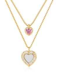 Double Heart Charm Necklace- Pink/Silver