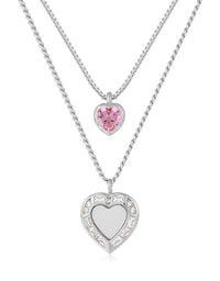 Double Heart Charm Necklace- Pink/Silver View 1