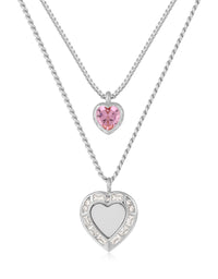 Double Heart Charm Necklace- Pink/Silver