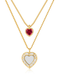 Double Heart Charm Necklace- Red/Silver
