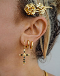 Onyx Rose Cross Hoops- Gold view 2
