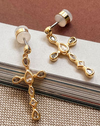 Bezel Stone Cross Studs- Gold View 3