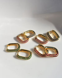 Pave Chain Link Huggies- Pink- Silver View 3