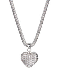 Pave Puffy Heart Necklace- Silver