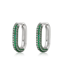 Pave Chain Link Huggies- Emerald Green- Silver