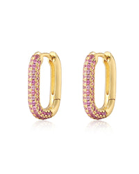 Pave Chain Link Huggies- Pink- Gold