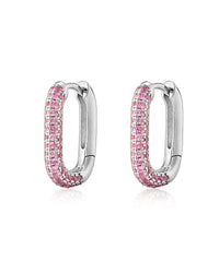 Pave Chain Link Huggies- Pink- Silver View 1