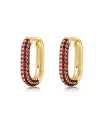 Pave Chain Link Huggies- Ruby Red- Gold View 1