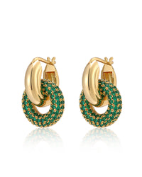 Pave Interlock Hoops- Emerald Green- Gold View 1