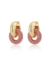Pave Interlock Hoops- Pink- Gold View 1