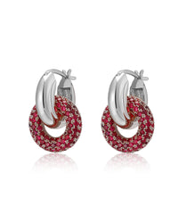 Pave Interlock Hoops- Ruby Red- Silver View 1