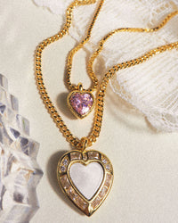 Double Heart Charm Necklace- Pink/Silver View 3