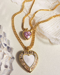 Double Heart Charm Necklace- Pink/Gold View 3