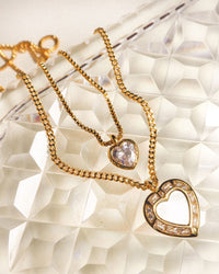 Double Heart Charm Necklace- Clear/Gold View 2