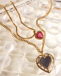 Double Heart Charm Necklace- Red/Gold View 2