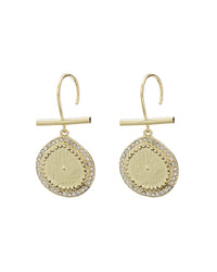Pave Coin Hook Earrings- Gold